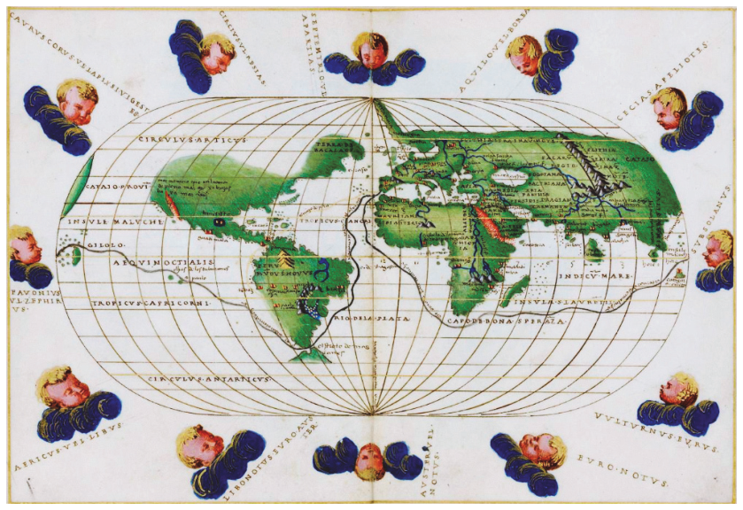 Mapa-múndi em projeção oval de Battista Agnese (1545), mostrando o traçado da rota da viagem de circunavegação de Fernão de Magalhães sobre os oceanos e continentes, cercado por figuras de querubins que sopram os ventos.
