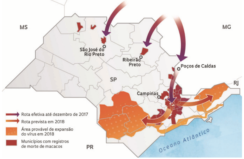 Mapa epidemiológico da dispersão do vírus no estado de São Paulo e arredores, destacando rotas e registros de morte de macacos.