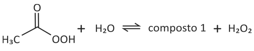 Equação química em equilíbrio: fórmula estrutural do ácido peracético + H2O em equilíbrio reversível com composto 1 + H2O2
