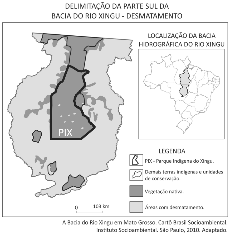 Mapas temáticos intitulados "Delimitação da parte sul da bacia do rio Xingu - desmatamento". O mapa principal mostra a porção sul da bacia com áreas de vegetação nativa preservadas predominantemente dentro do limite do Parque Indígena do Xingu (PIX) e de outras terras indígenas e unidades de conservação, enquanto a maior parte do entorno está classificada como áreas com desmatamento. No canto superior direito, um mapa do Brasil destaca a localização da bacia hidrográfica do rio Xingu. Há escala gráfica de 0 a 103 km e legenda discriminando os limites e coberturas da terra.