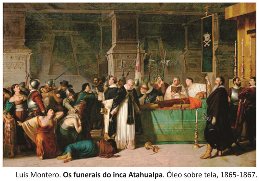 Pintura a óleo sobre tela intitulada "Os funerais do inca Atahualpa", de Luis Montero (1865-1867), retratando o corpo do imperador inca deitado em um esquife sob um dossel fúnebre, ladeado por sacerdotes e autoridades espanholas solenes à direita, enquanto à esquerda mulheres indígenas em desespero são contidas por soldados espanhóis armados.