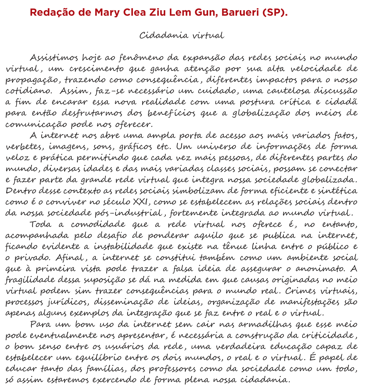 Redação de Mary Clea Ziu Lem Gun na cartilha do INEP