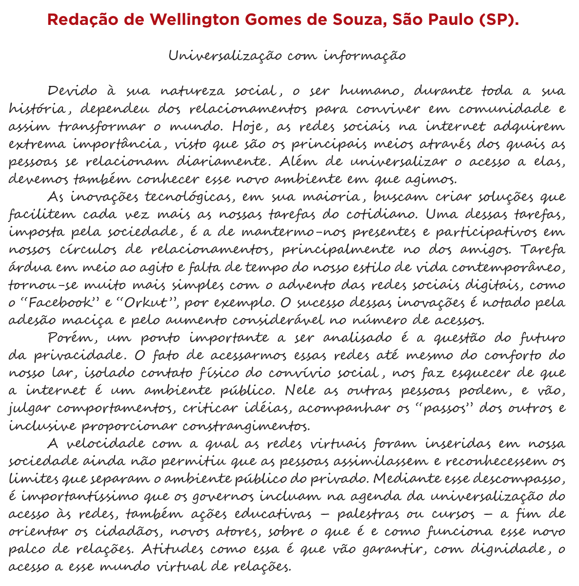Redação de Wellington Gomes de Souza na cartilha do INEP