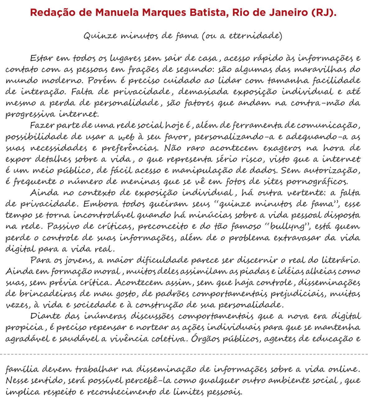 Redação de Manuela Marques Batista na cartilha do INEP