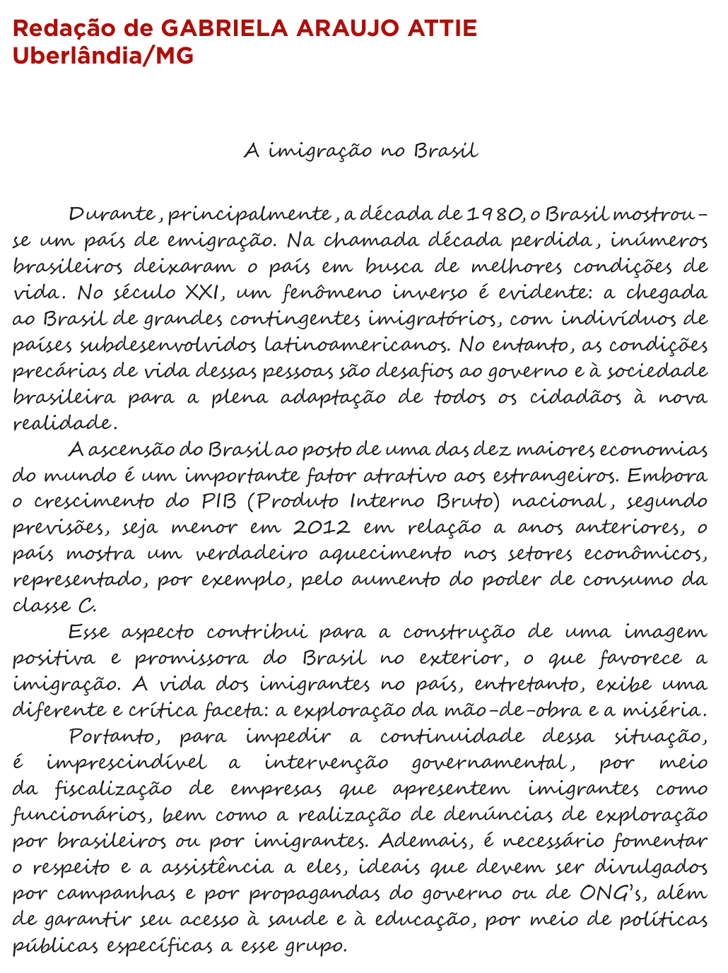 Redação de Gabriela Araujo Attie na cartilha do INEP