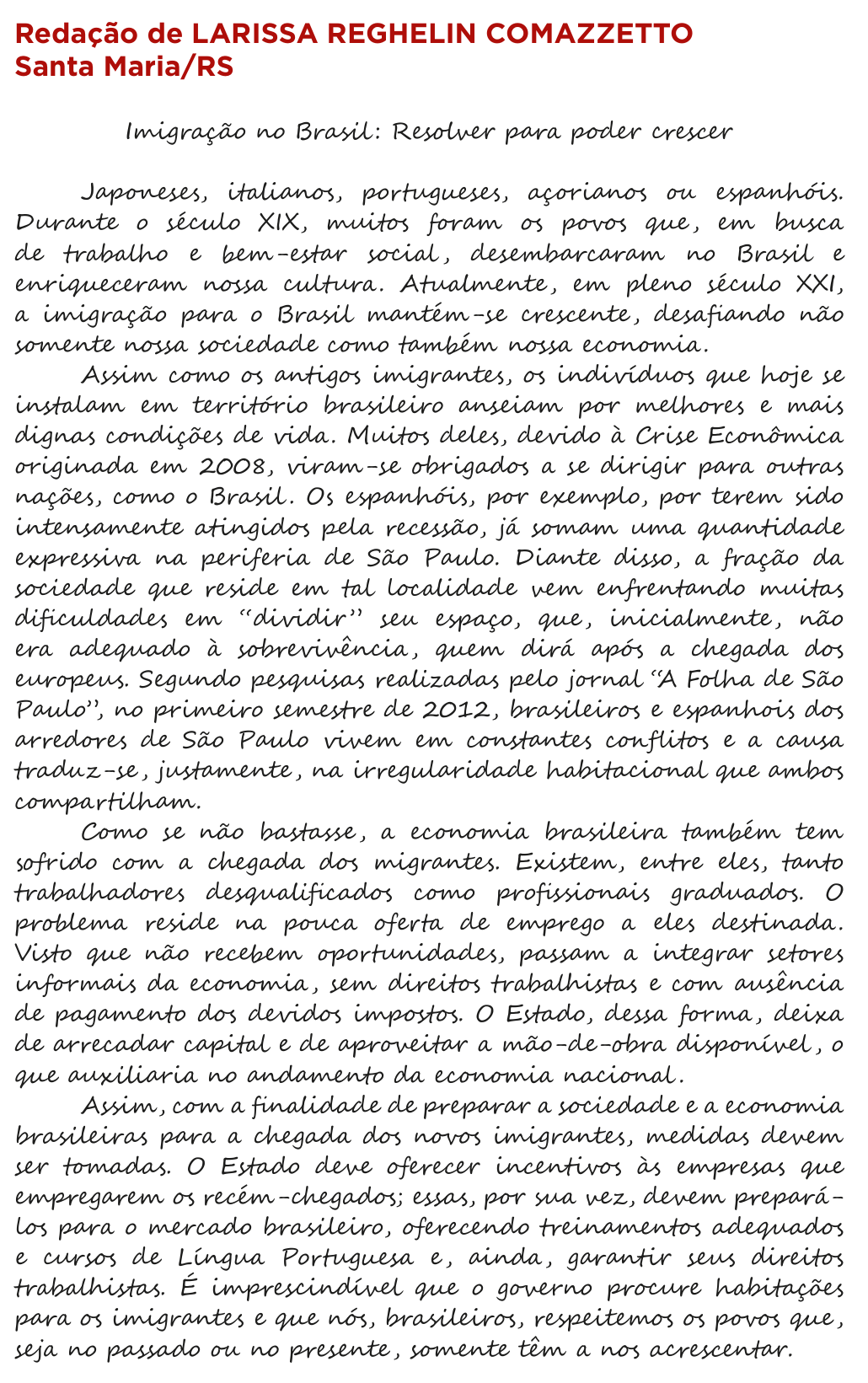 Redação de Larissa Reghelin Comazzetto na cartilha do INEP