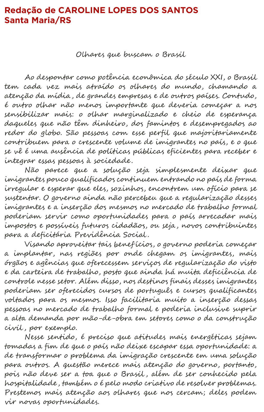 Redação de Caroline Lopes dos Santos na cartilha do INEP
