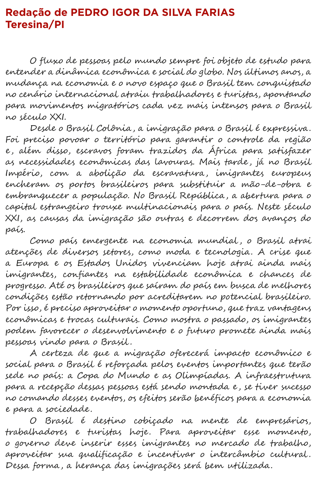 Redação de Pedro Igor da Silva Farias na cartilha do INEP