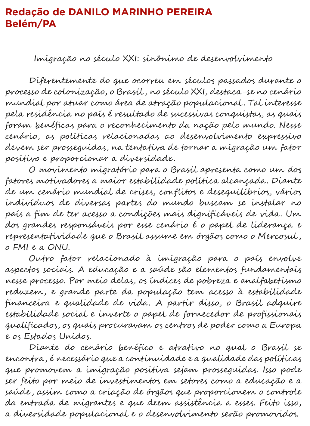 Redação de Danilo Marinho Pereira na cartilha do INEP