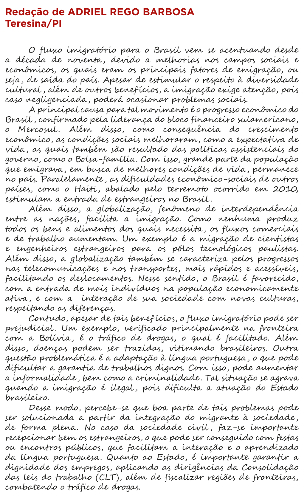Redação de Adriel Rego Barbosa na cartilha do INEP