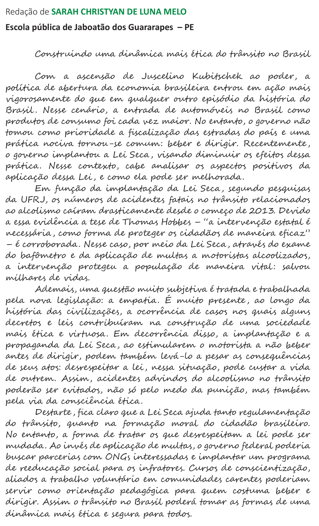 Redação de Sarah Christyan de Luna Melo na cartilha do INEP