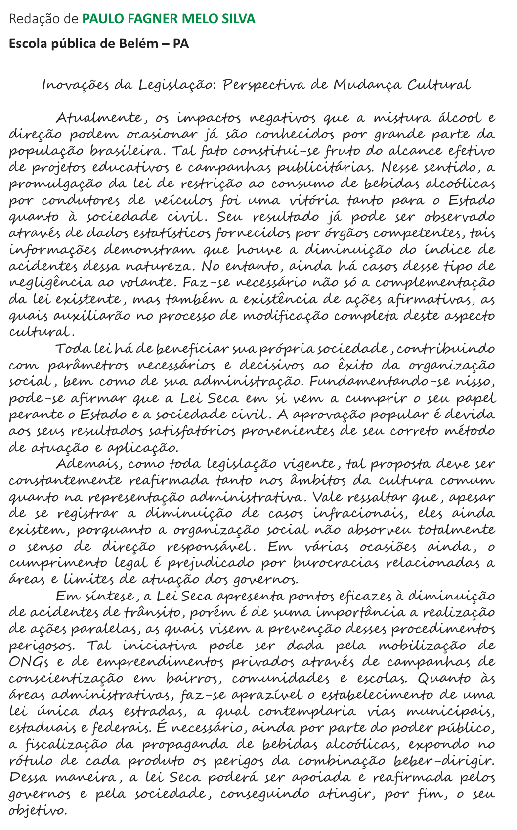 Redação de Paulo Fagner Melo Silva na cartilha do INEP