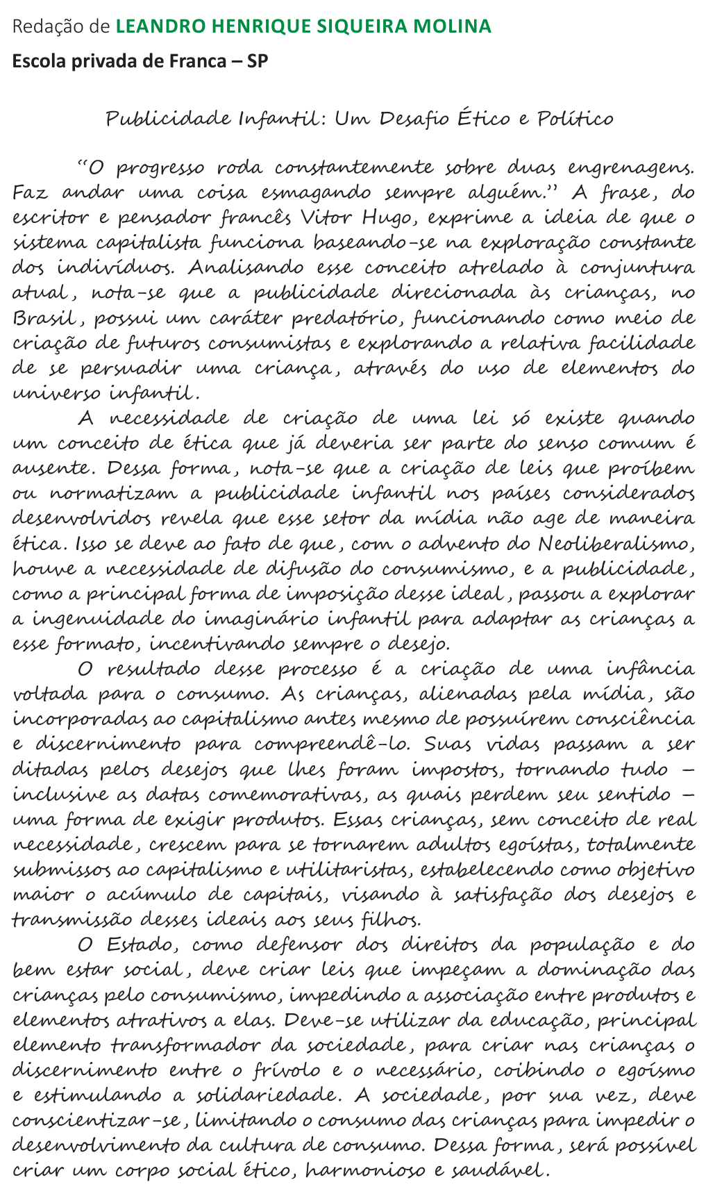 Redação de Leandro Henrique Siqueira Molina na cartilha do INEP