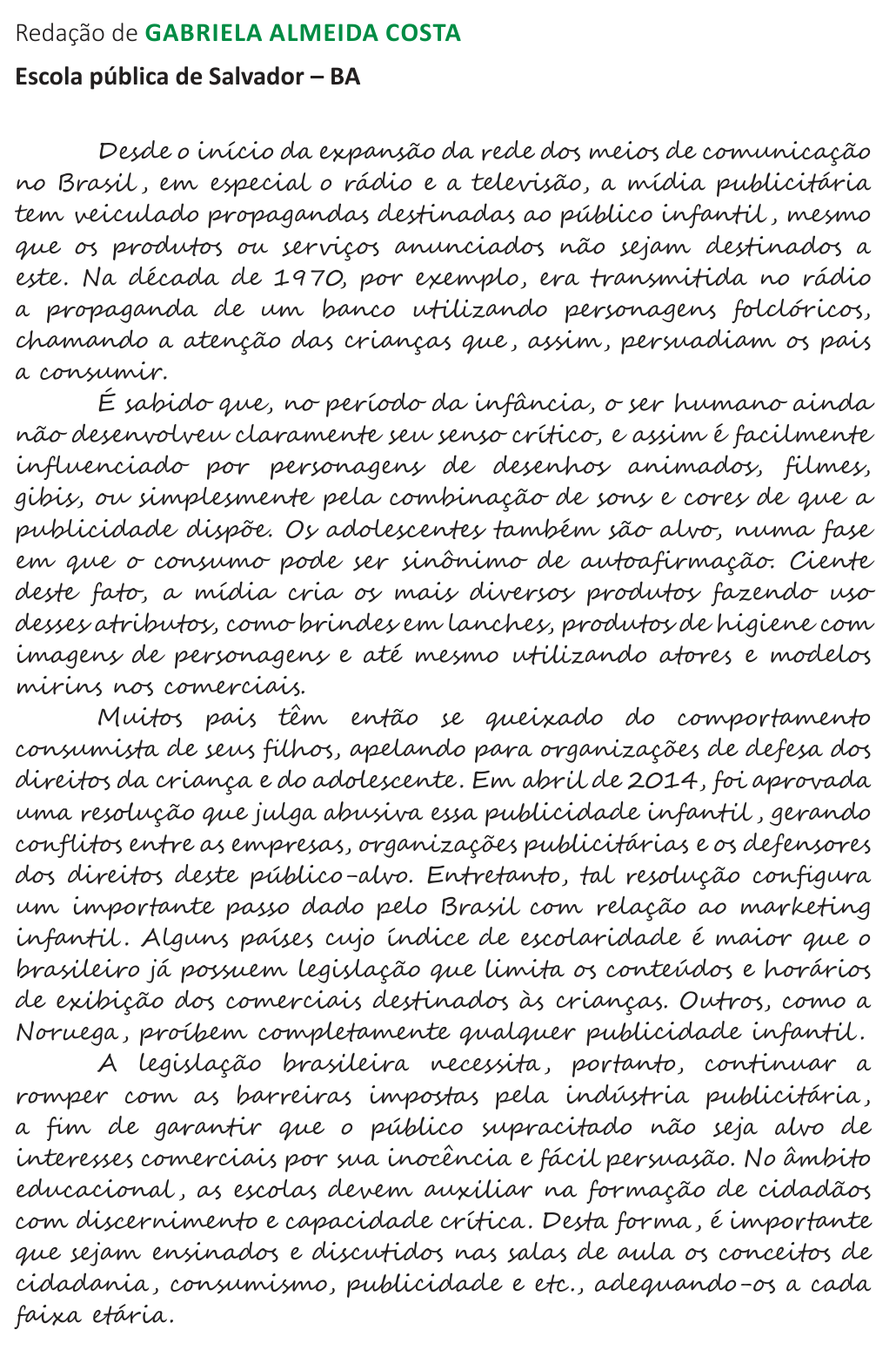 Redação de Gabriela Almeida Costa na cartilha do INEP