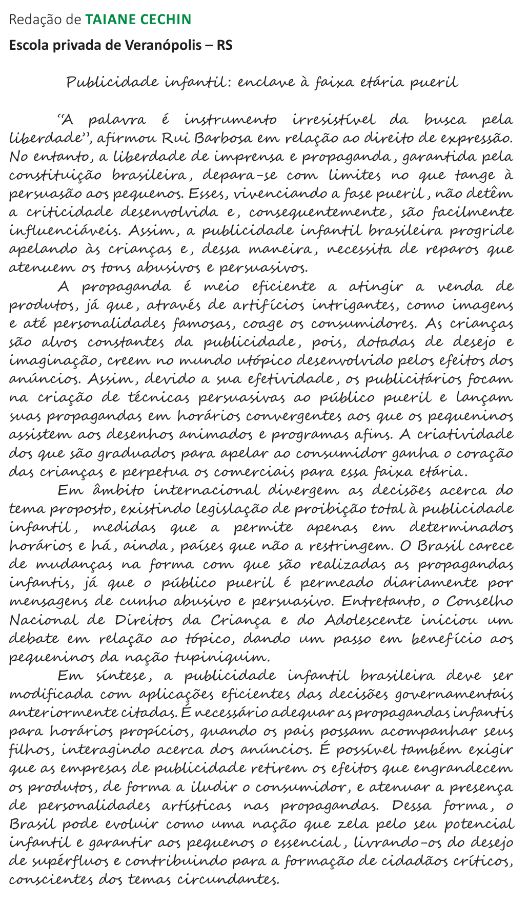 Redação de Taiane Cechin na cartilha do INEP