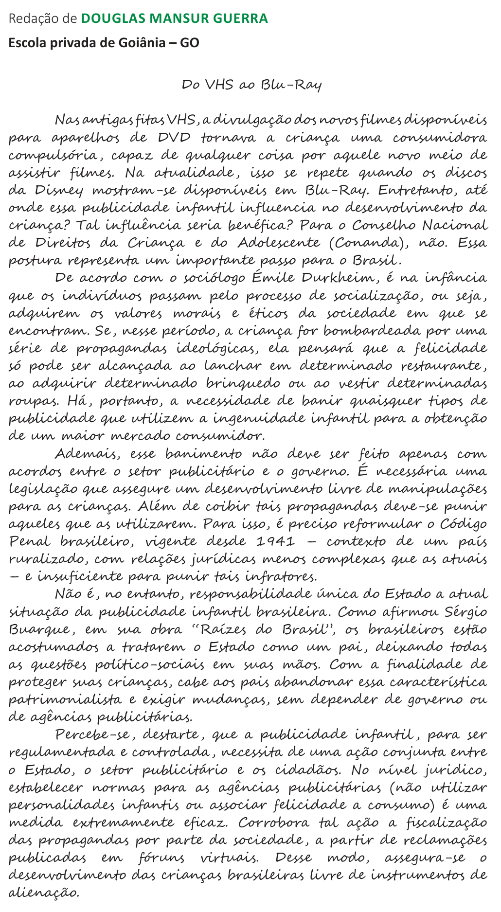 Redação de Douglas Mansur Guerra na cartilha do INEP