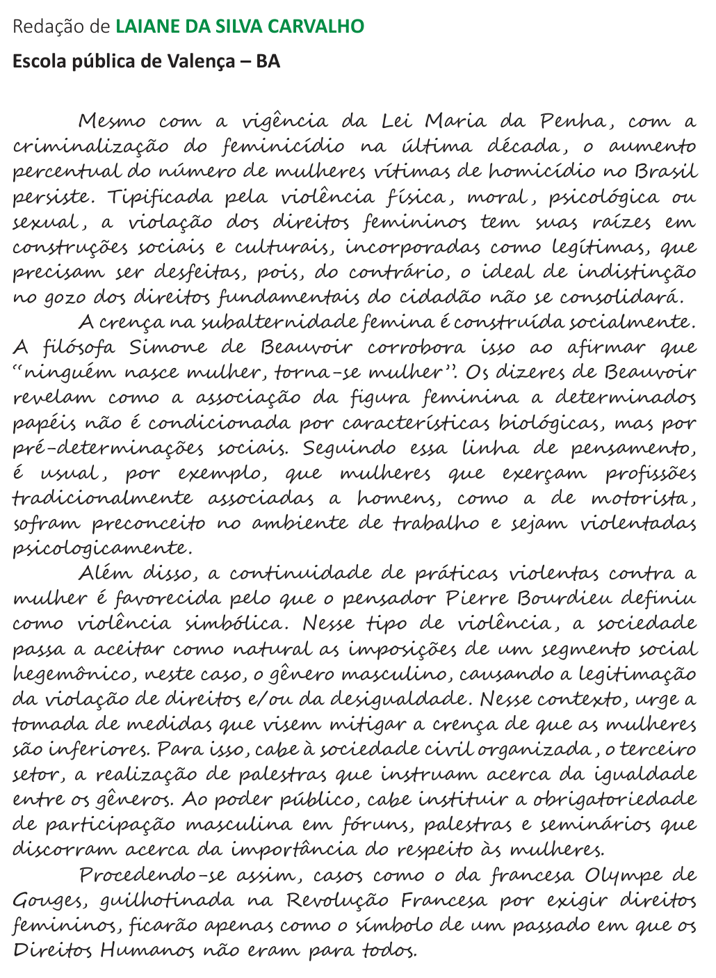 Redação de Laiane da Silva Carvalho na cartilha do INEP