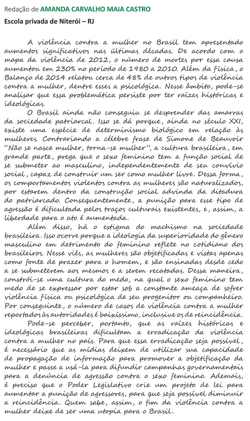 Redação de Amanda Carvalho Maia Castro na cartilha do INEP