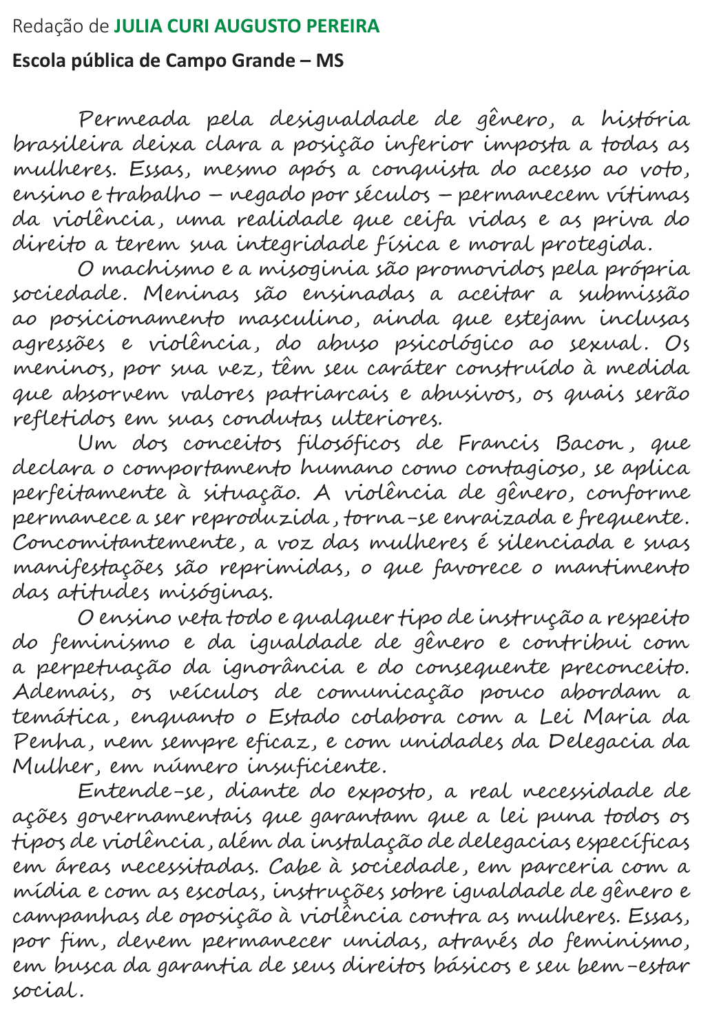 Redação de Julia Curi Augusto Pereira na cartilha do INEP