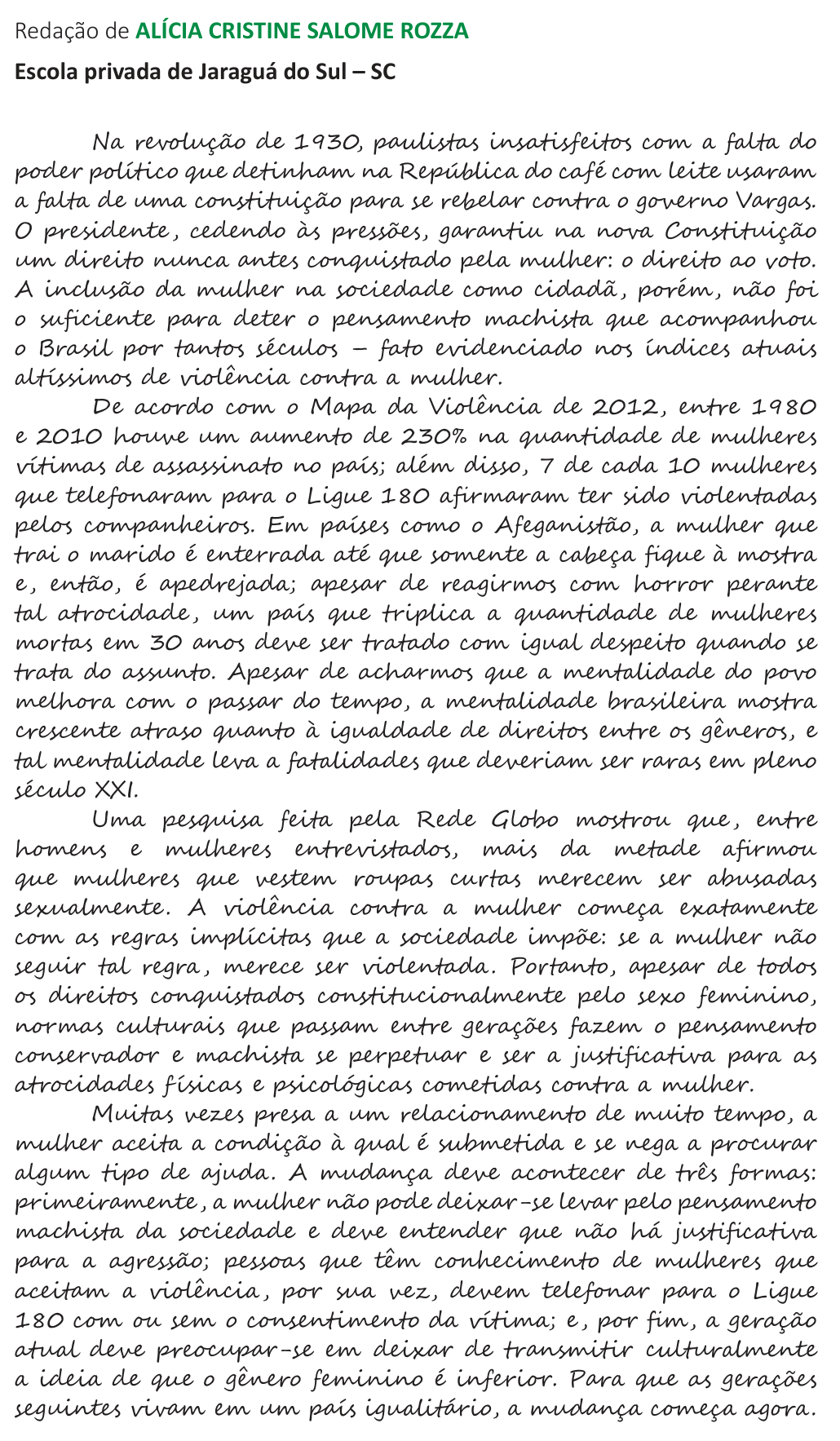Redação de Alícia Cristine Salome Rozza na cartilha do INEP