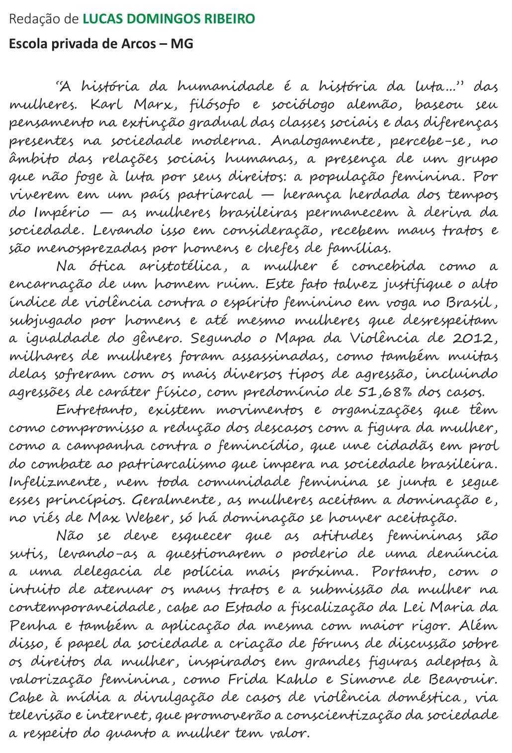 Redação de Lucas Domingos Ribeiro na cartilha do INEP