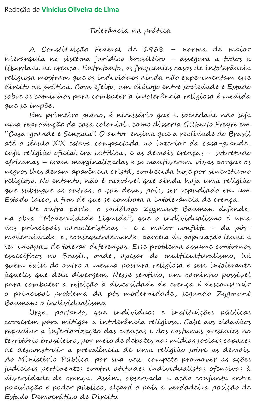Redação de Vinícius Oliveira de Lima na cartilha do INEP