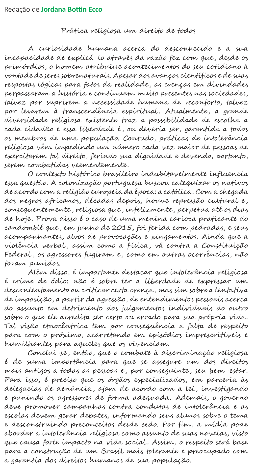 Redação de Jordana Bottin Ecco na cartilha do INEP