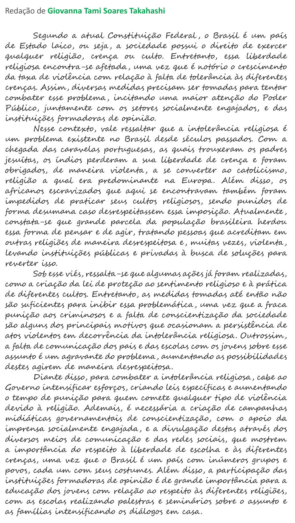 Redação de Giovanna Tami Soares Takahashi na cartilha do INEP
