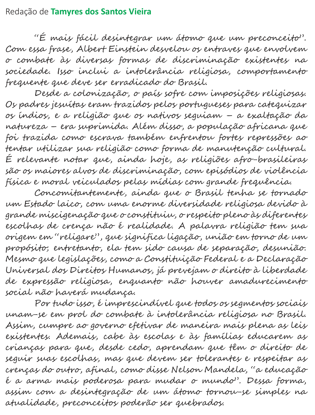 Redação de Tamyres dos Santos Vieira na cartilha do INEP