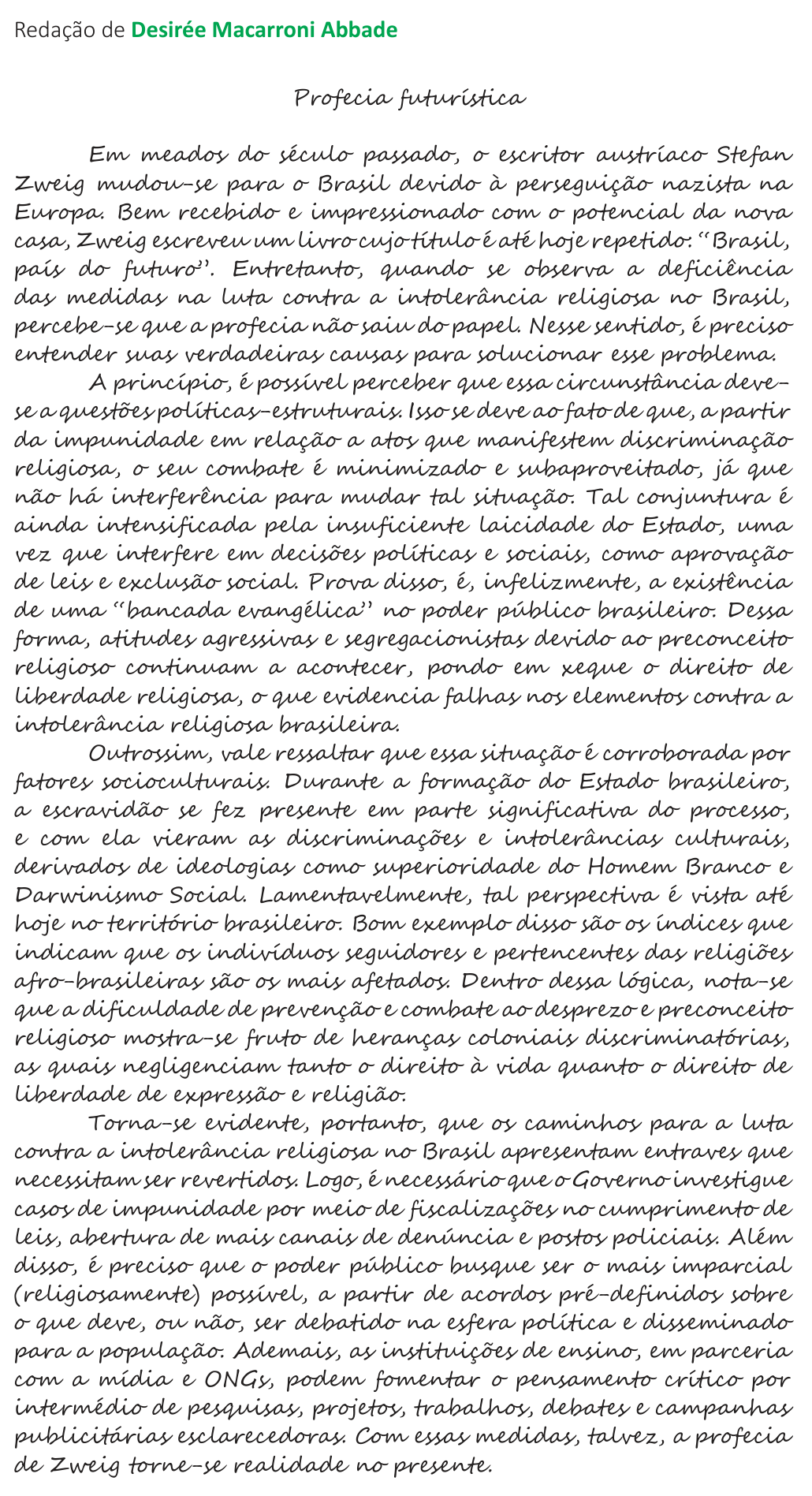 Redação de Desirée Macarroni Abbade na cartilha do INEP