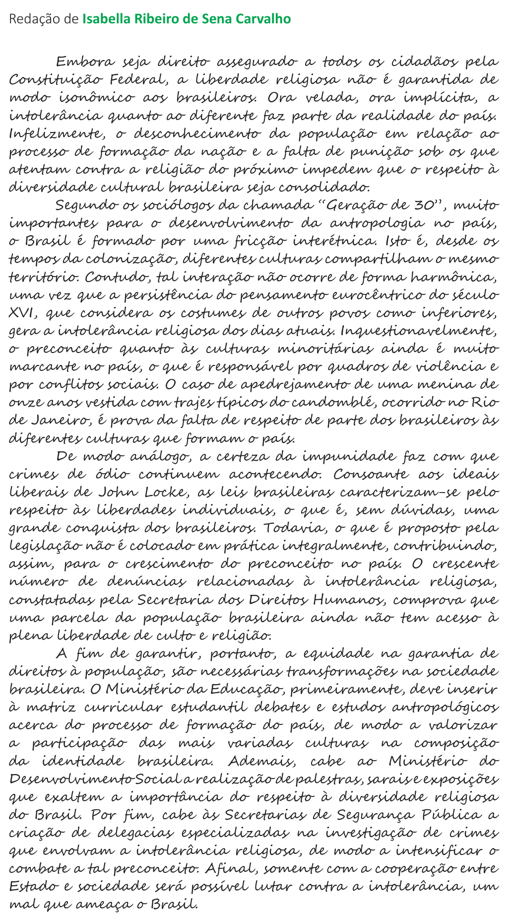 Redação de Isabella Ribeiro de Sena Carvalho na cartilha do INEP