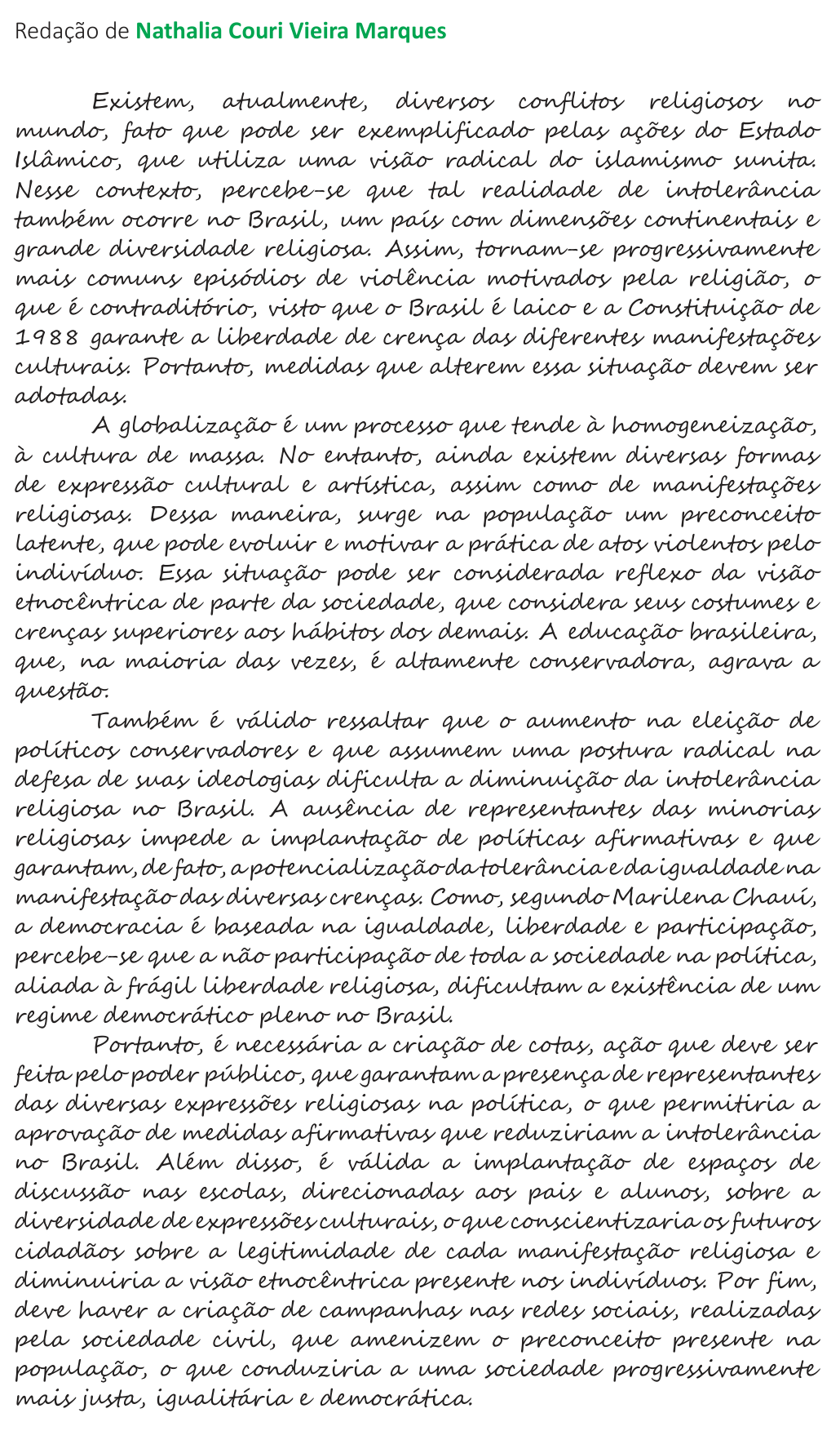 Redação de Nathalia Couri Vieira Marques na cartilha do INEP