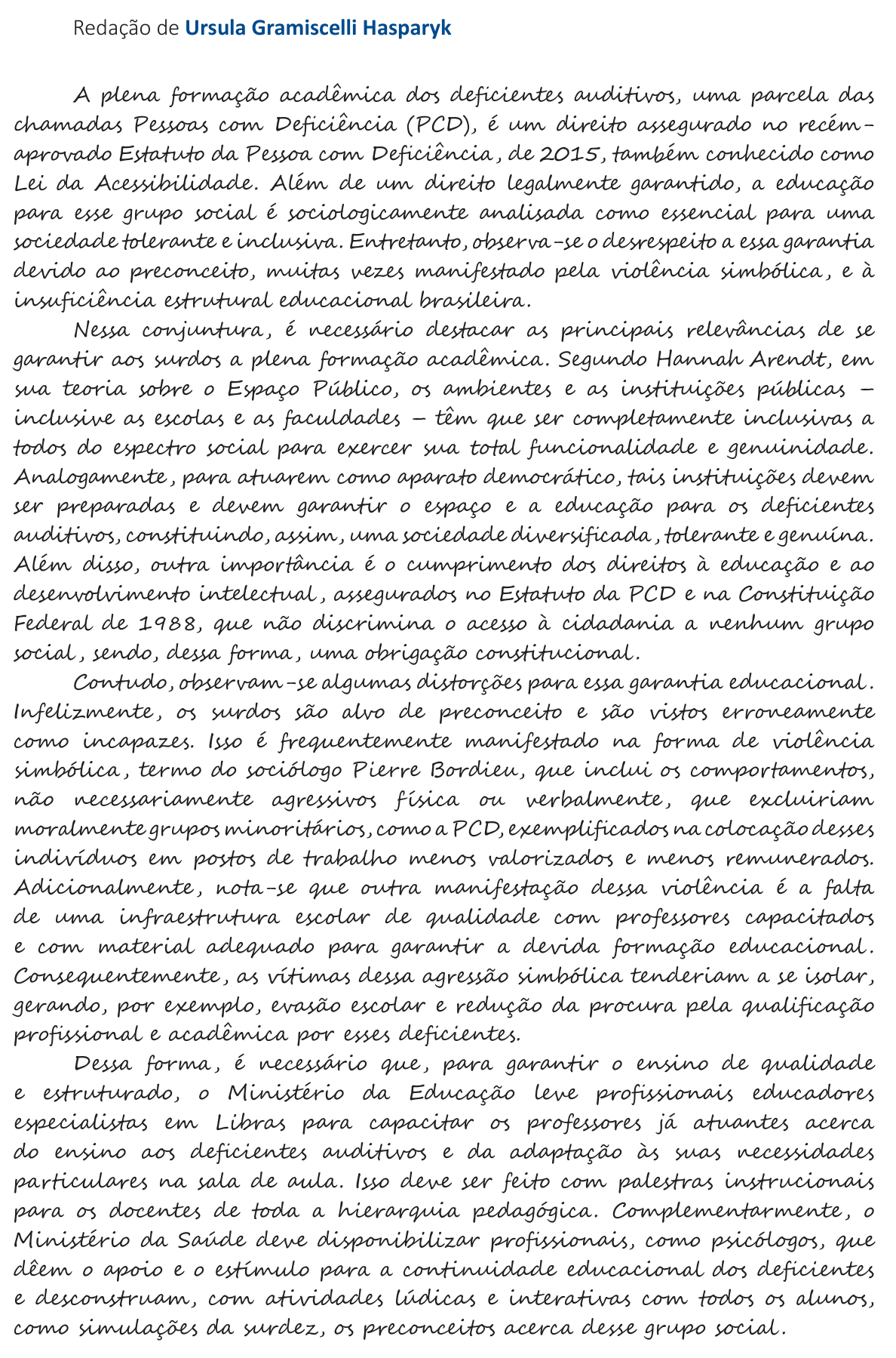 Redação de Ursula Gramiscelli Hasparyk na cartilha do INEP