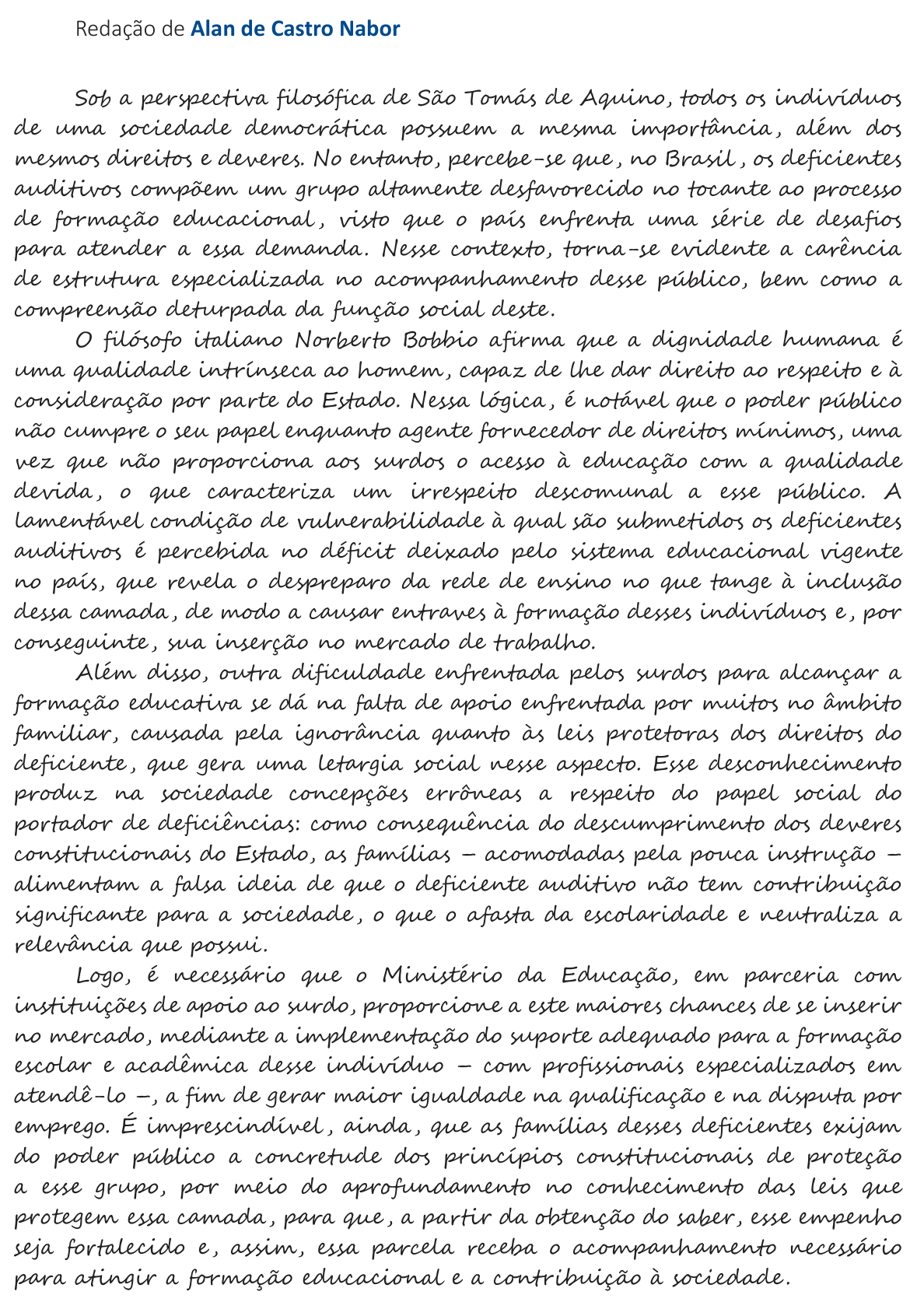 Redação de Alan de Castro Nabor na cartilha do INEP