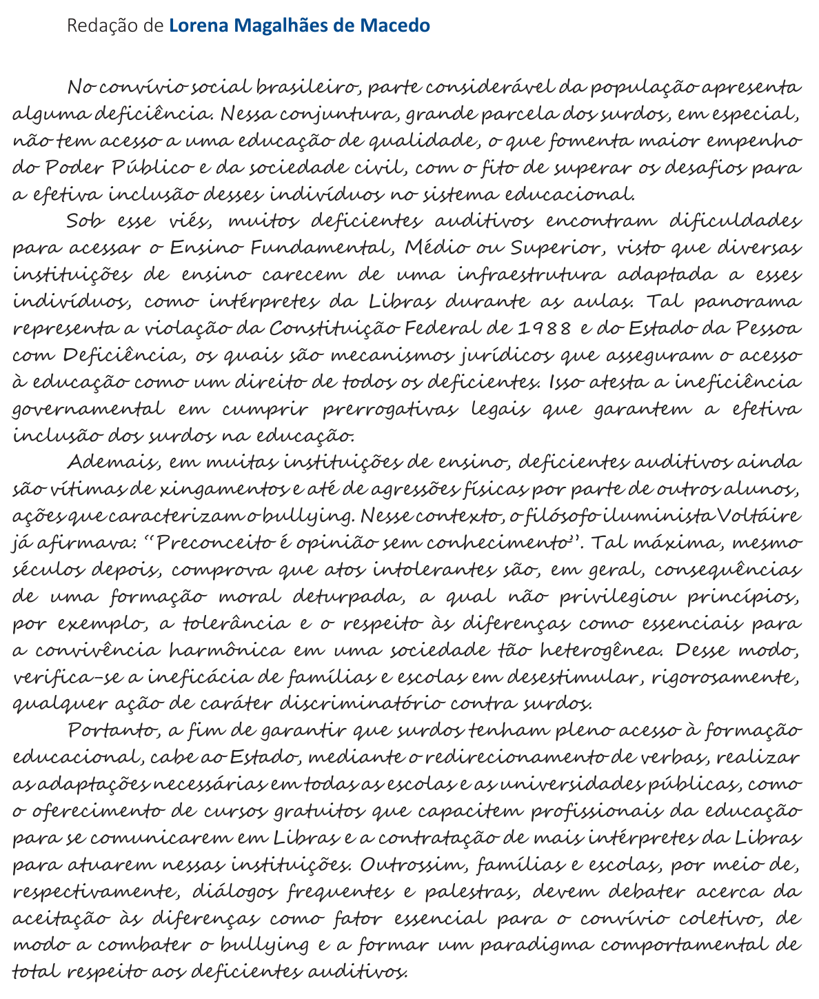 Redação de Lorena Magalhães de Macedo na cartilha do INEP