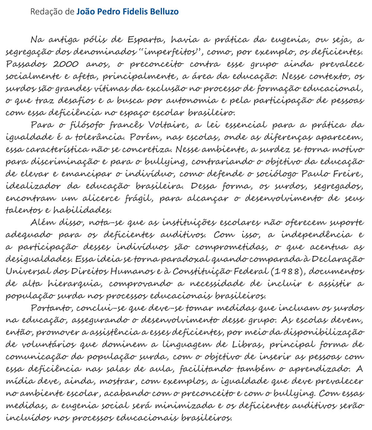 Redação de João Pedro Fidelis Belluzo na cartilha do INEP