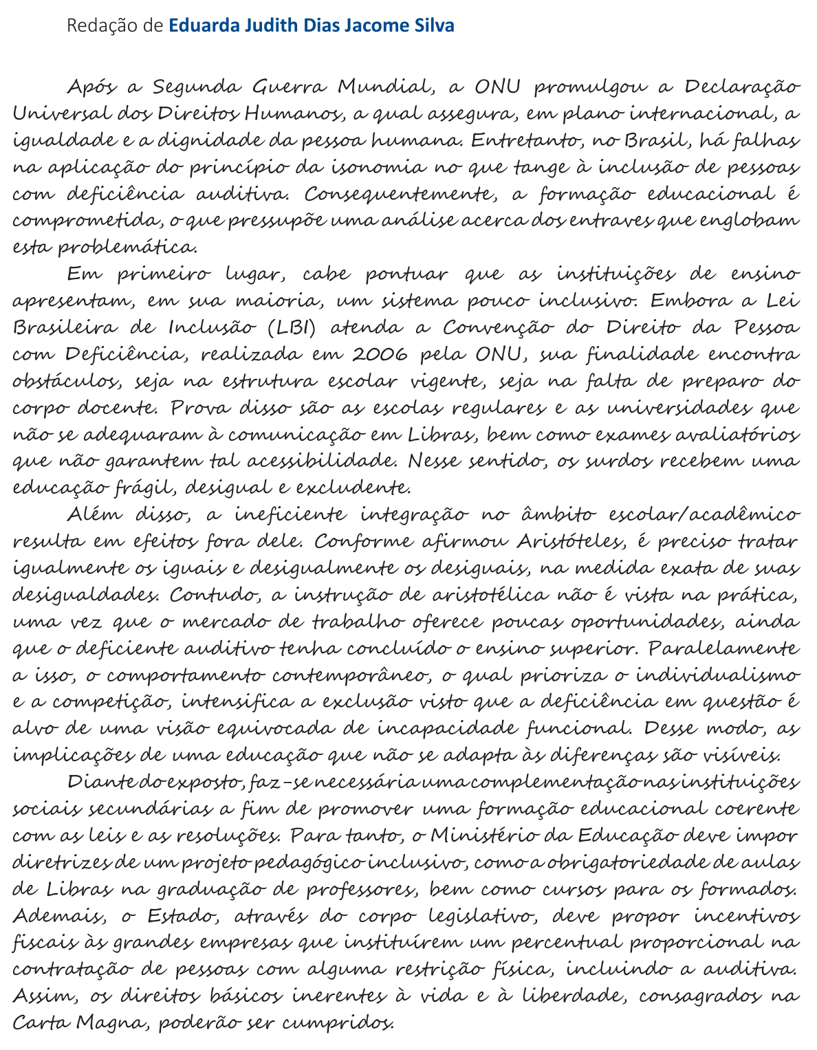 Redação de Eduarda Judith Dias Jacome Silva na cartilha do INEP