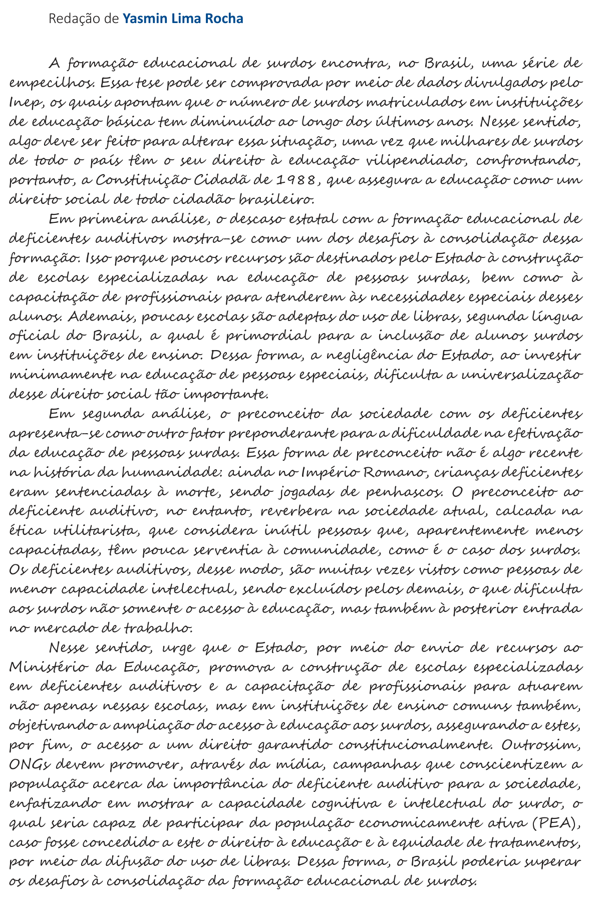 Redação de Yasmin Lima Rocha na cartilha do INEP