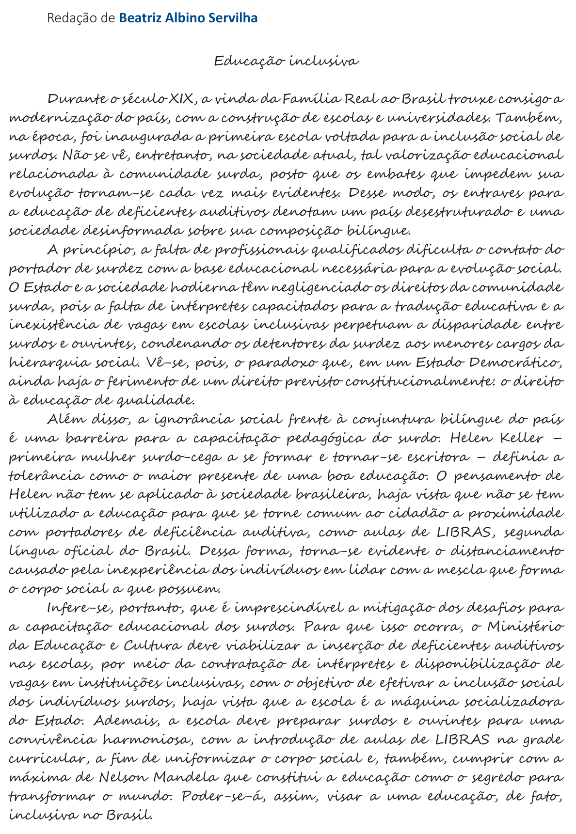 Redação de Beatriz Albino Servilha na cartilha do INEP