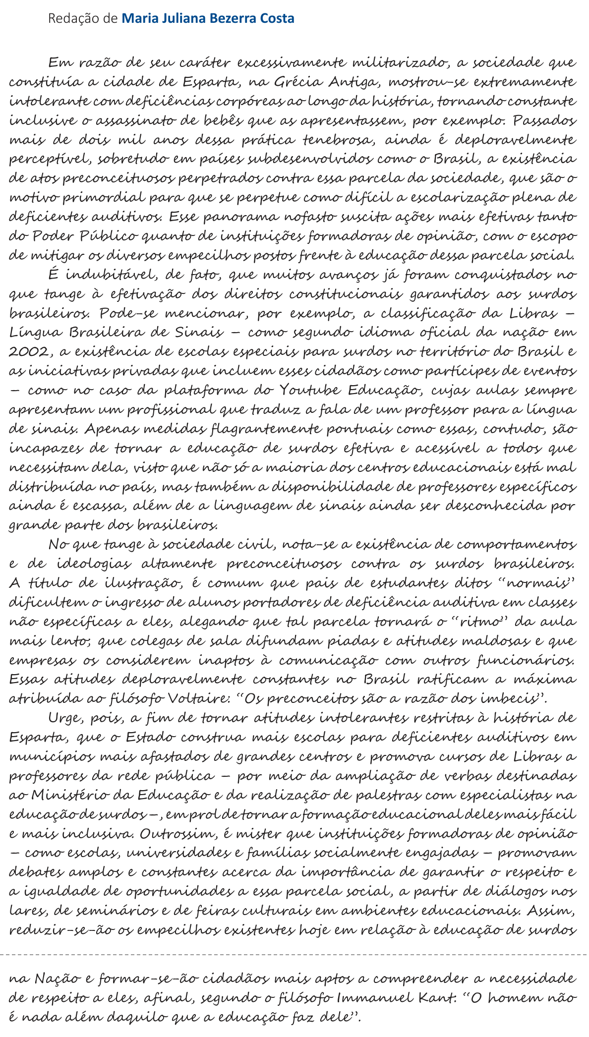 Redação de Maria Juliana Bezerra Costa na cartilha do INEP
