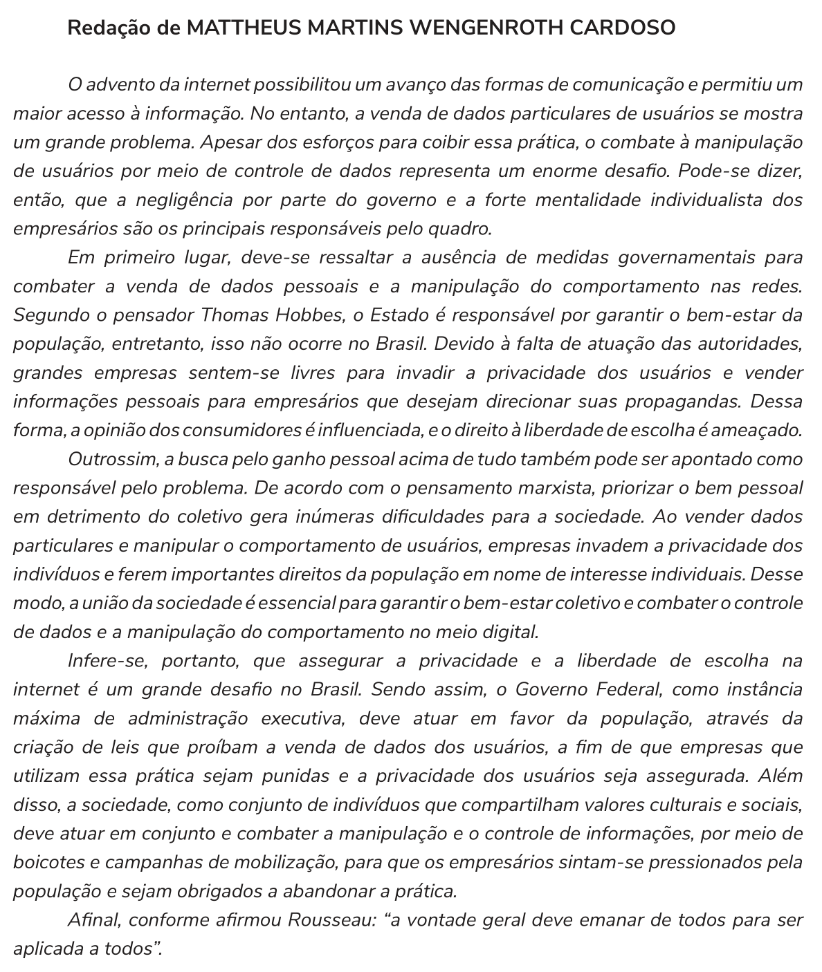 Redação de Mattheus Martins Wengenroth Cardoso na cartilha do INEP