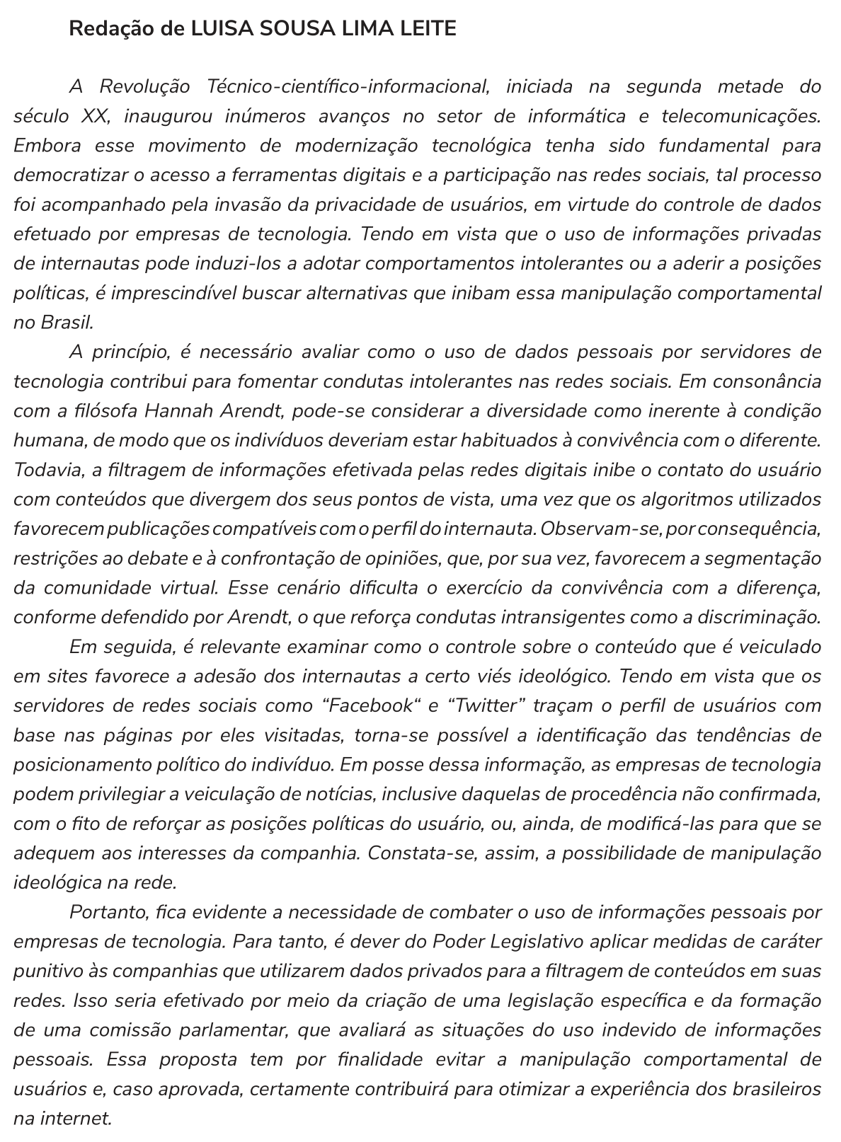Redação de Luisa Sousa Lima Leite na cartilha do INEP