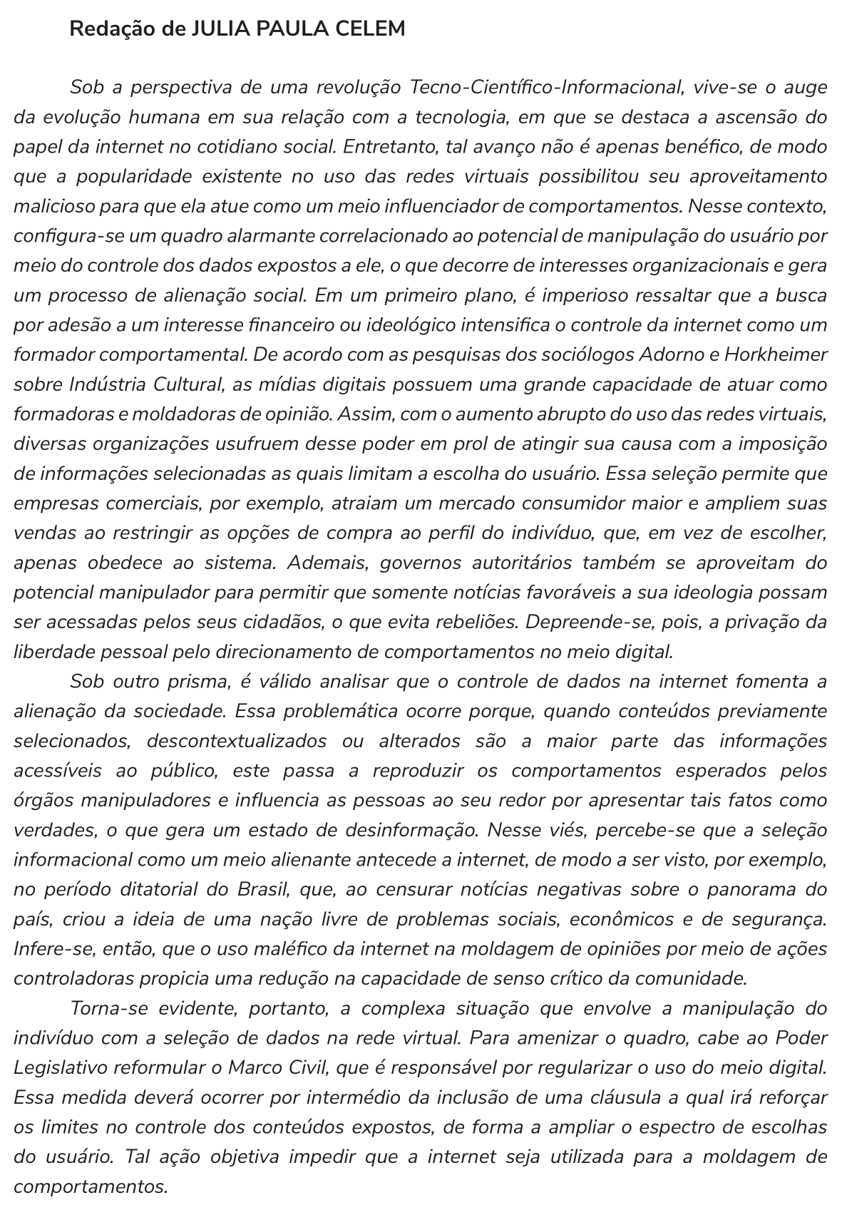 Redação de Julia Paula Celem na cartilha do INEP