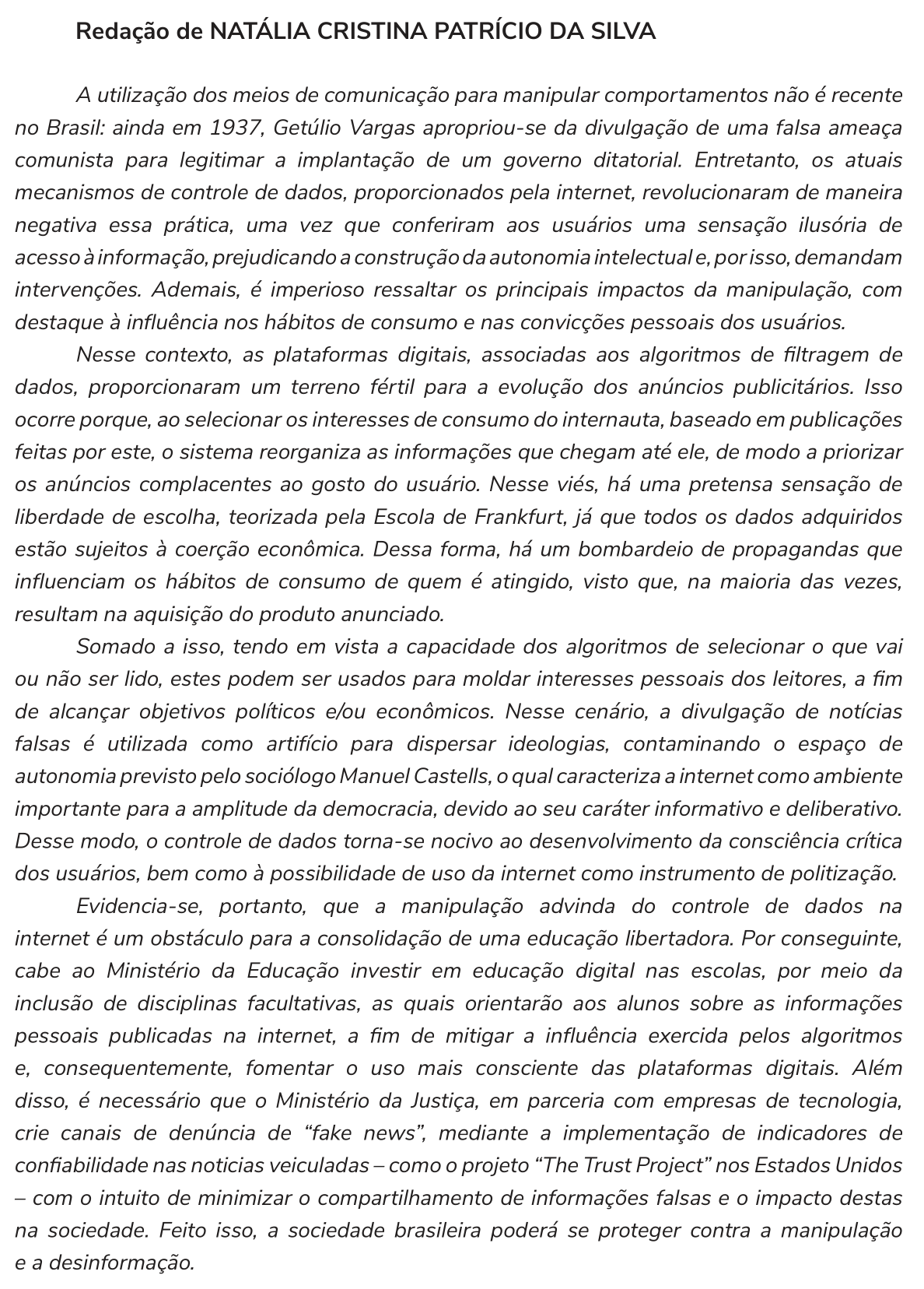 Redação de Natália Cristina Patrício da Silva na cartilha do INEP