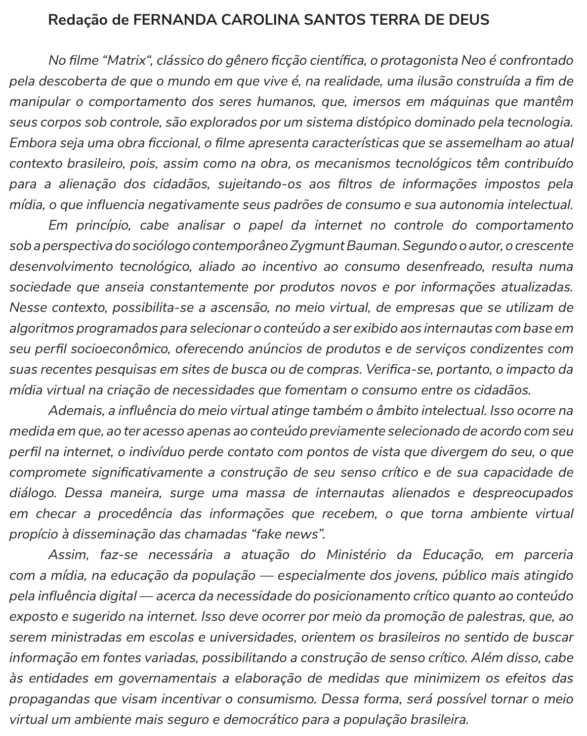 Redação de Fernanda Carolina Santos Terra de Deus na cartilha do INEP