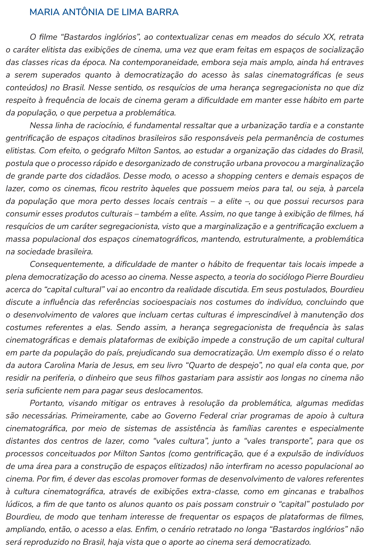 Redação de Maria Antônia de Lima Barra na cartilha do INEP