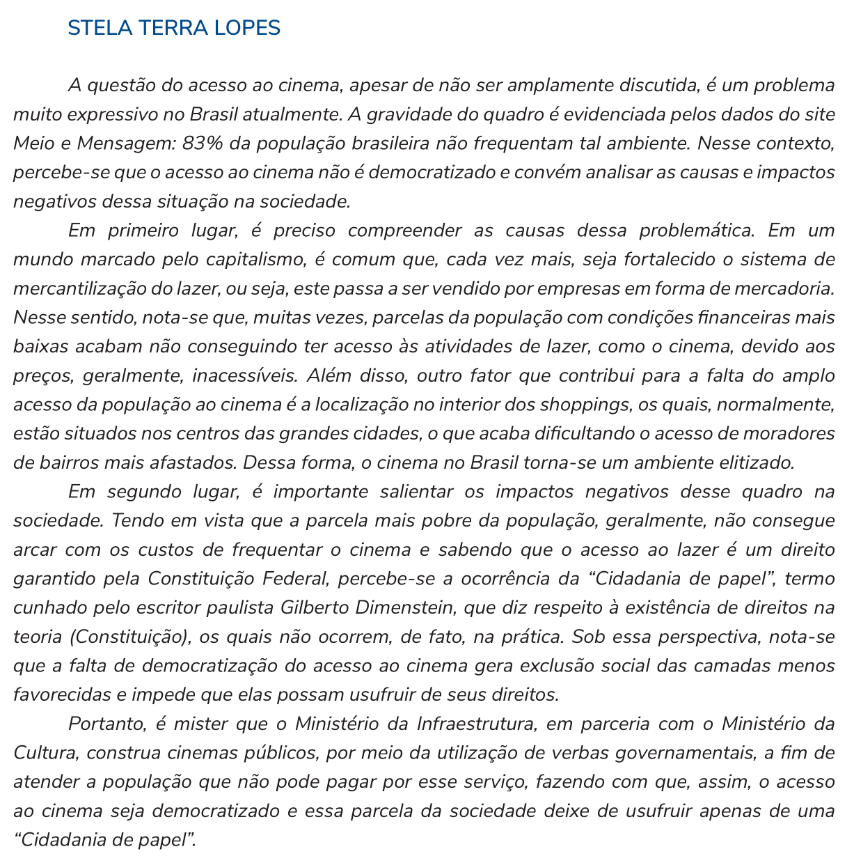 Redação de Stela Terra Lopes na cartilha do INEP