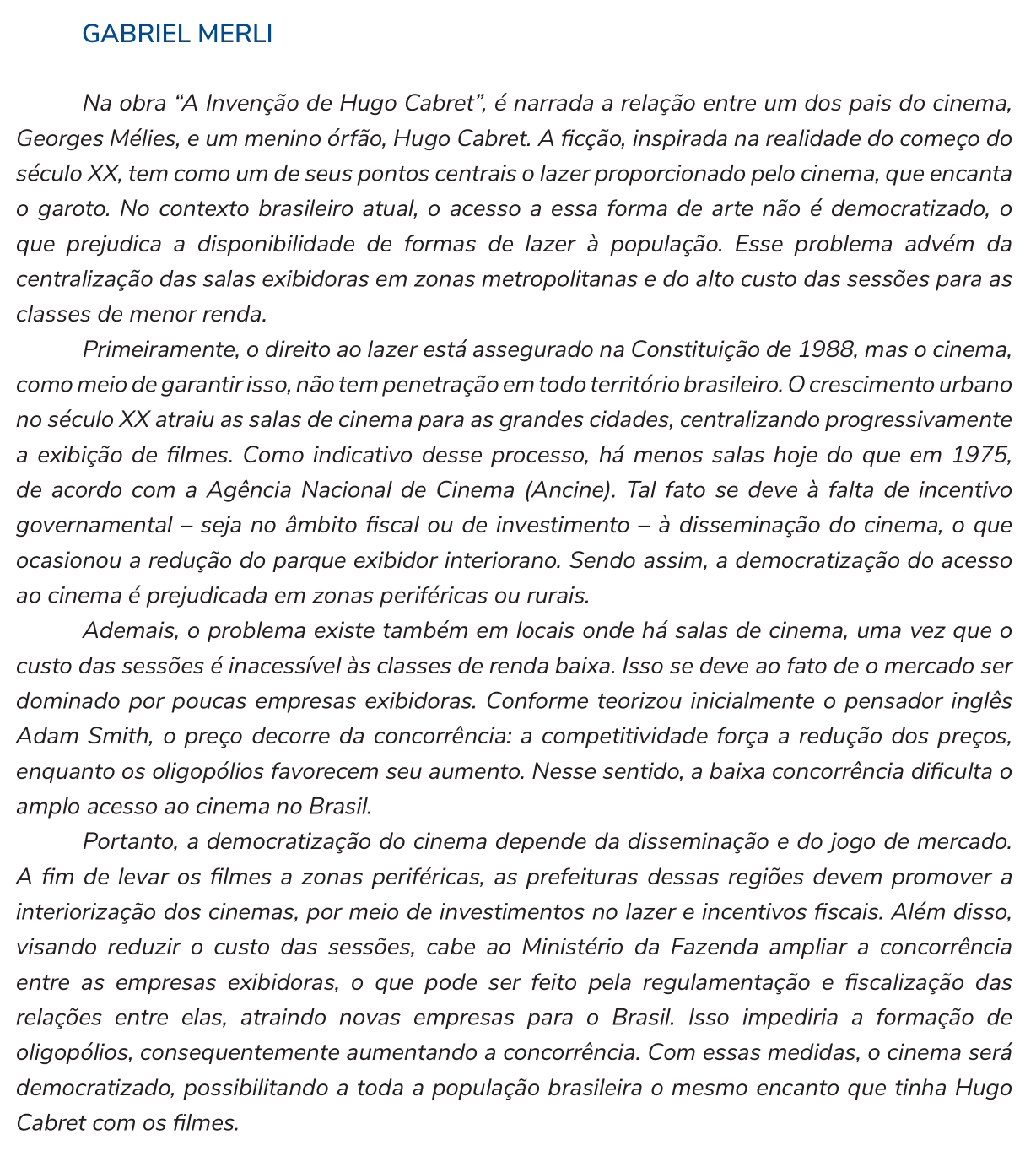 Redação de Gabriel Merli na cartilha do INEP