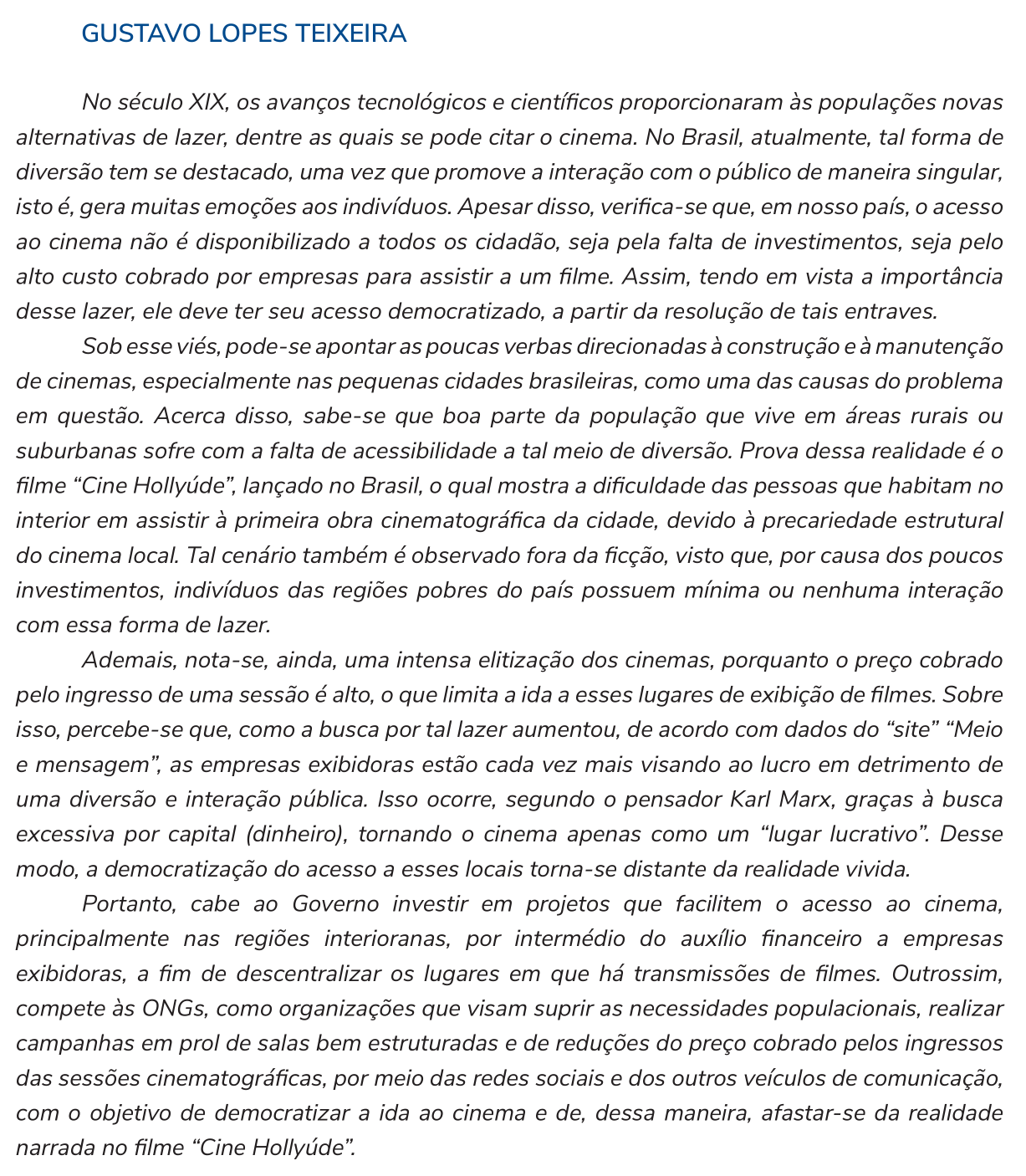 Redação de Gustavo Lopes Teixeira na cartilha do INEP