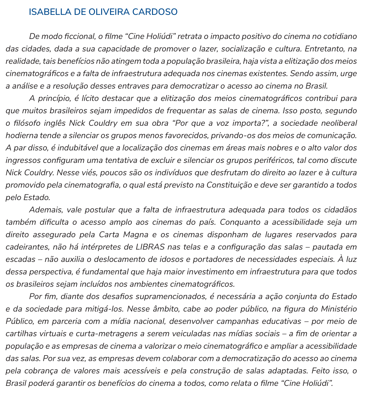 Redação de Isabella de Oliveira Cardoso na cartilha do INEP